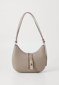 Sac à main en cuir marron avec une forme arrondie, fermeture à double zip, accents en métal doré et une bandoulière réglable.