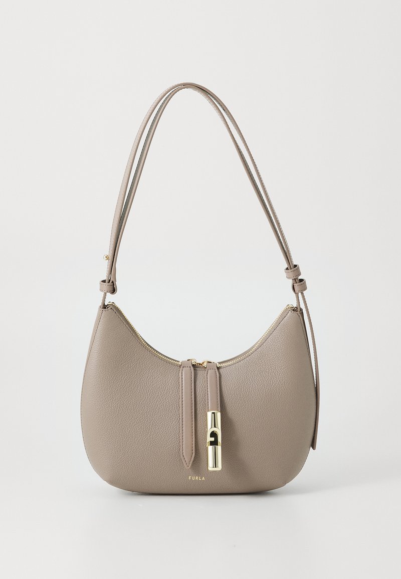 Brown leather handbag with a rounded shape, dual zipper closure, gold hardware accent, and an adjustable shoulder strap.