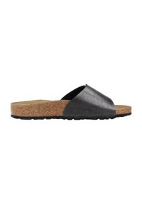 Sandalo in pelle nera con sottopiede in sughero, suola piatta e design open-toe. Presenta cinturini incrociati per supporto e comfort.