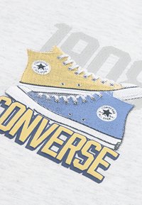 Grafik som visar gula och blå Converse-sneakers med svarta detaljer mot en ljusgrå bakgrund, kompletterad med fet "CONVERSE"-text.