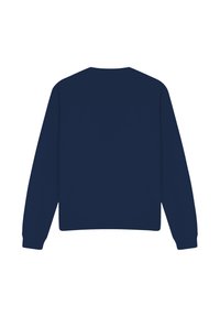 Dunkelblaues Sweatshirt mit langen Ärmeln, Rundhalsausschnitt und gerippten Bündchen sowie Saum. Hat eine glatte Textur und ein einfaches, einfarbiges Design.