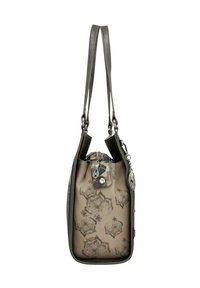 Sac à main de taille moyenne en cuir beige texturé avec des accents camouflage, fermeture éclair et doubles poignées. Comprend du matériel décoratif.