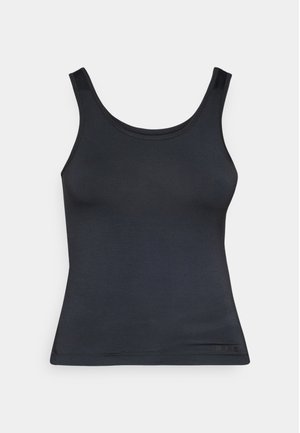 Débardeur noir sans manches en tissu lisse, doté d'un col rond classique et d'une coupe ajustée avec un ourlet droit.