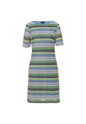 Strikket kortærmet kjole med vandrette striber i lyseblå, grøn, sort og beige, med et tekstureret løkkemønster overalt.