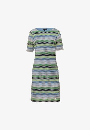Robe courte en maille à manches courtes avec des rayures horizontales en bleu clair, vert, noir et beige, présentant un motif texturé en boucles sur toute la surface.
