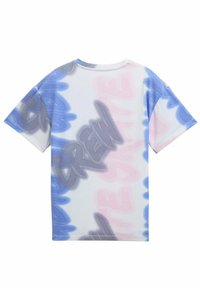 Tričko krátký rukáv vyrobené z bavlny s bílým základem, s modrým a růžovým abstraktním graffiti vzorem a volným střihem.