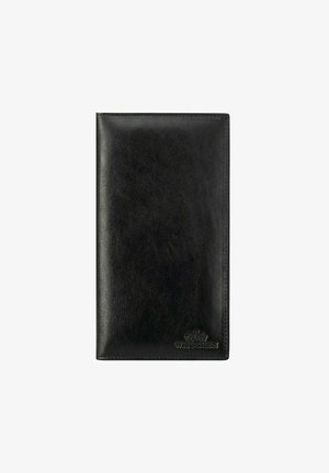 Black leather wallet with a smooth texture, featuring a subtle embossed logo. Rectangular shape and minimalist design.