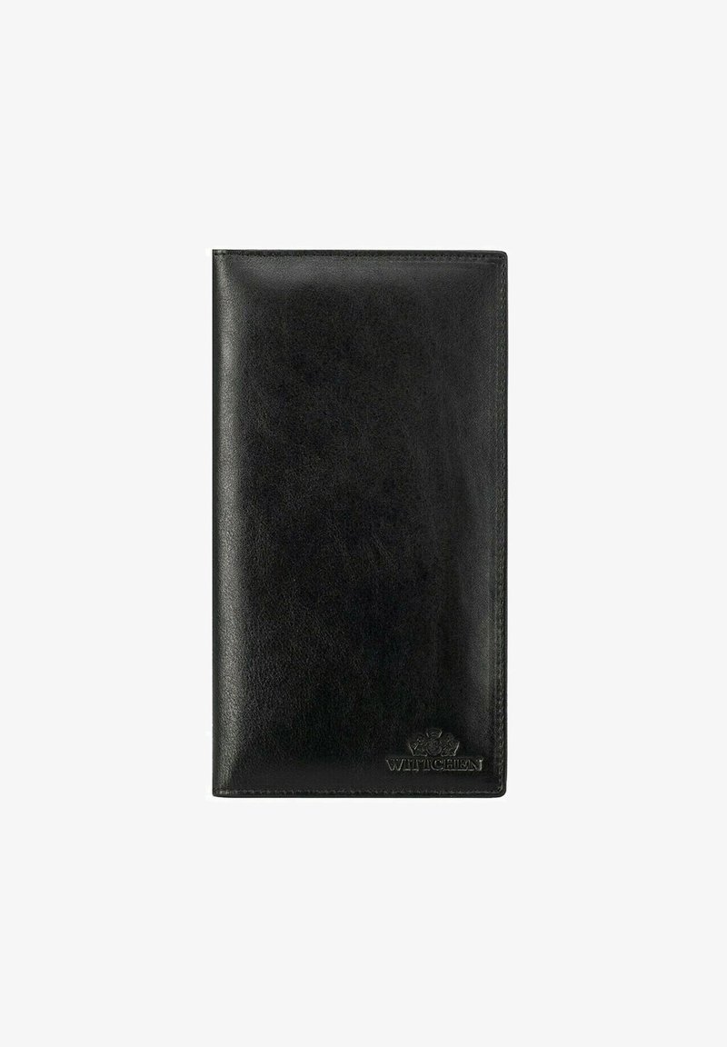 Černá kožená peněženka s hladkým povrchem, na které se nachází jemně vytlačené logo. Obdélníkový tvar a minimalistický design.