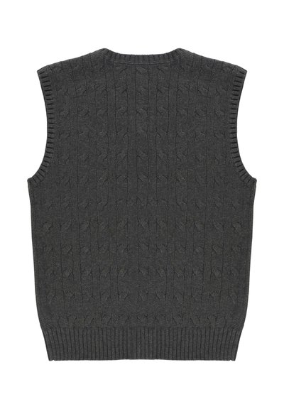 Maglione senza maniche grigio a trecce con orlo a coste e motivo testurizzato, caratterizzato da scollo rotondo e giromanica aperti.