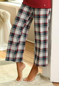 Gray plaid pants featuring red and blue accents, made of soft material with a relaxed fit and wide legs, hemmed at the bottom.