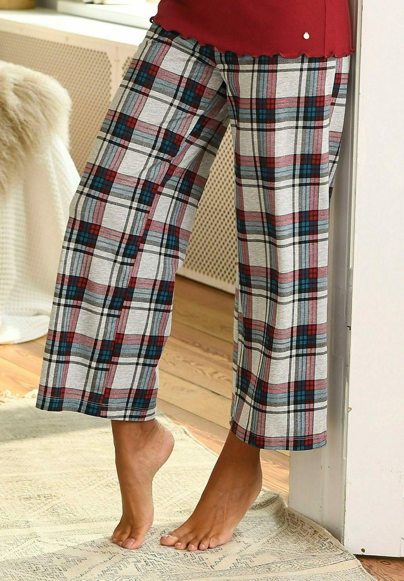Gray plaid pants featuring red and blue accents, made of soft material with a relaxed fit and wide legs, hemmed at the bottom.
