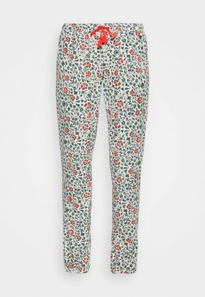 Hosen mit Blumenmuster auf hellem Hintergrund, mit roten Blumen und grünen Blättern. Kordelzugbund mit roten Quasten, gerade Passform.