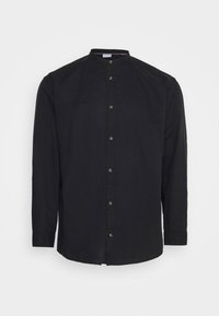 Maglietta nera a maniche lunghe realizzata in tessuto leggero, con colletto alla cinese, chiusura con bottoni e orlo leggermente curvo. Bottoni marroni impreziosiscono il design.