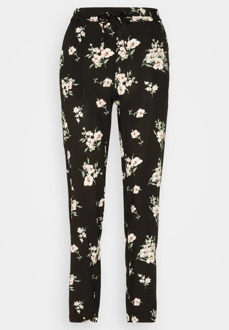 Pantalon noir fuselé avec imprimé floral blanc et rose, taille élastique et lien noir à nouer à l'avant.