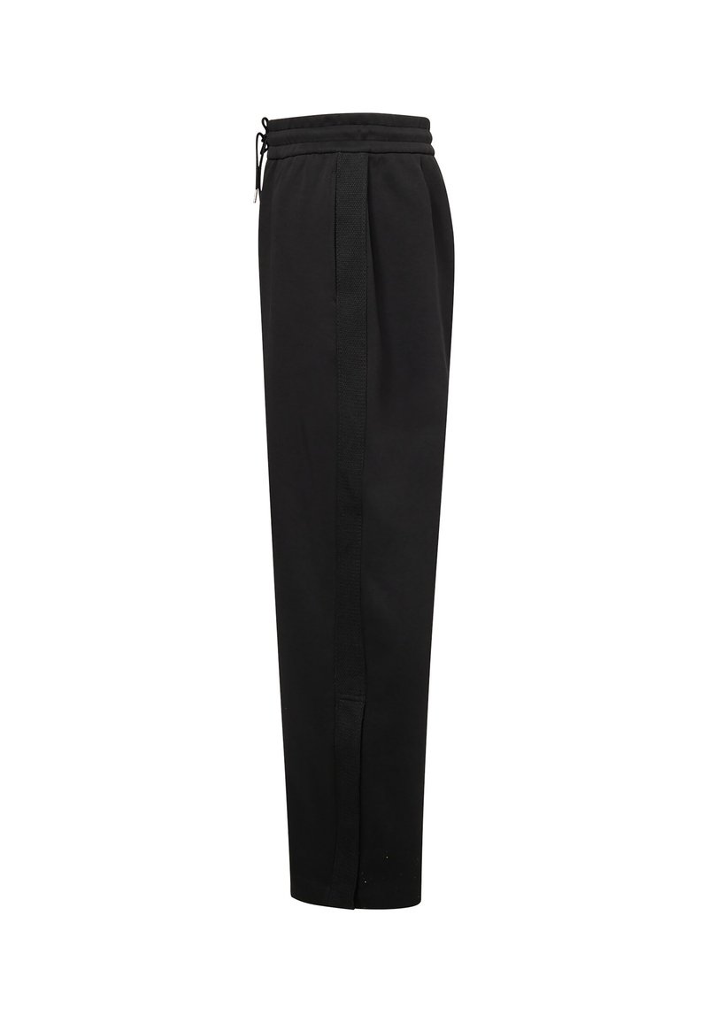Pantalones deportivos negros con corte estrecho, cintura elástica, cordón y detalle de tira lateral texturizada.