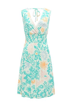 Abito senza maniche con scollo a V, fiocco al collo, vita arricciata e motivi floreali e solari turchesi, arancioni e lavanda su sfondo bianco.