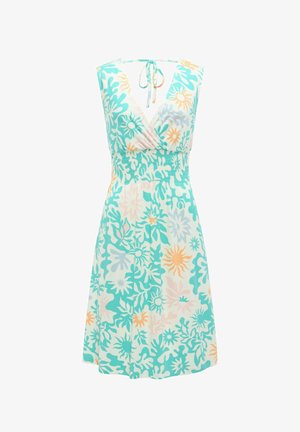 Ermeløs V-hals kjole med sløyfe i nakken, rynket midje, og turkise, oransje og lavendelfargede blomster- og solmønstre på hvit bakgrunn.