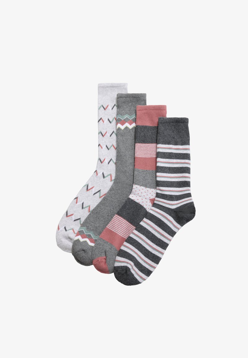 Cuatro pares de calcetines: gris claro con patrón en zigzag, gris con diseños geométricos, rosa polvo a rayas y gris oscuro con rayas finas.