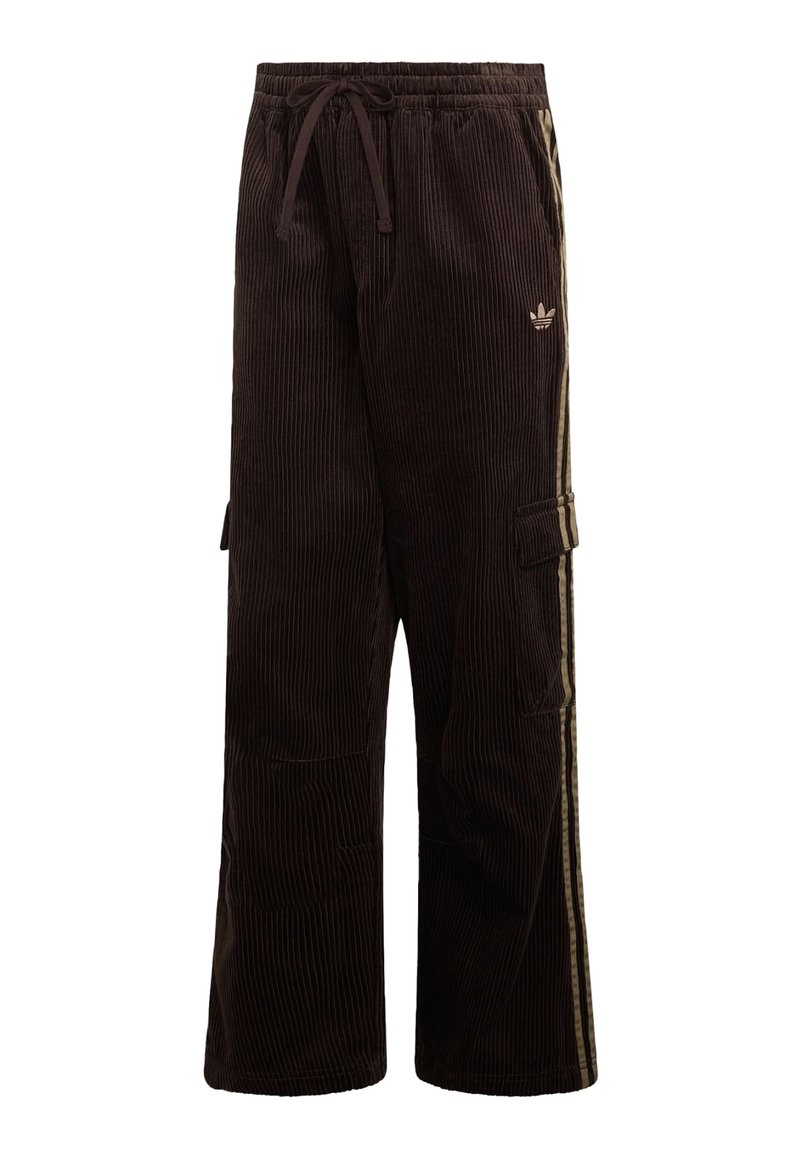 Mørkebrune cordbukser med beige sidelister, elastisk talje med snøre, cargolommer og en lille Adidas logo på låret.