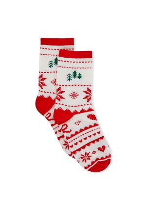Rot-weiß gemusterte Socken mit Weihnachtsthemen, darunter Bäume, Herzen und Schneeflocken, mit roten Bündchen und Zehenbereichen.