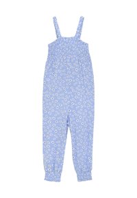 Blå blommig rompers med justerbara axelband, smockad byst och rynkade ankleder. Har ett upprepande prästkrage-mönster på lätt tyg.