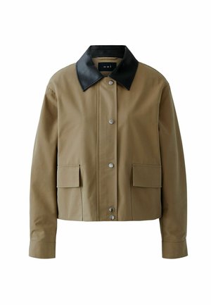 Brown cotton jacket with a black leather collar, featuring silver snap fasteners and two front pockets. Smooth texture and modern design.