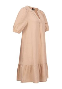 Beiges knielanges Kleid mit V-Ausschnitt, Puffärmeln und gestuftem Rüschensaum. Hergestellt aus strukturiertem Stoff mit einer lockeren Passform und subtilen Karomuster.