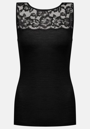 Débardeur noir avec un col en dentelle florale. Tissu lisse et côtelé en dessous. Design sans manches, forme ajustée et finitions délicates sur les bords.