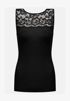 Zwarte tanktop met een bloemdecoratieve kantnek. Gladde, geribbelde stof onderaan. Mouwloos ontwerp, getailleerde pasvorm en fijne afwerking aan de randen.