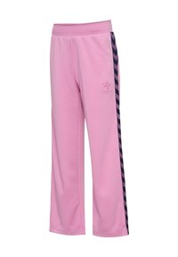 Pink athletic pants with wide legs, elastic waistband, and black chevron stripes down the sides with a small embroidered logo on the thigh.