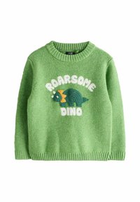 Zelený pletený detský sveter s rebrovaným golierom a manžetami, zdobený vyšívaným triceratopsom a nápisom „Roarsome Dino“.
