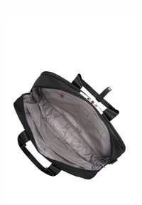 Bolso sintético negro con dos asas, un cierre superior y un interior espacioso en gris que cuenta con bolsillos y un forro estampado.