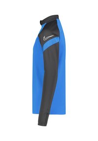 Long-sleeve sports top featuring a blue body and black sleeves, made of smooth fabric with a high collar and a Nike logo on the shoulder.