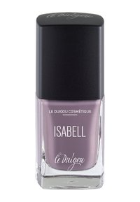 Lila Nagellack in einer klaren Glasflasche mit einem schwarzen quadratischen Deckel; beschriftet mit "ISABELL" und "LE DUIGOU COSMÉTIQUE." Glatte Textur.