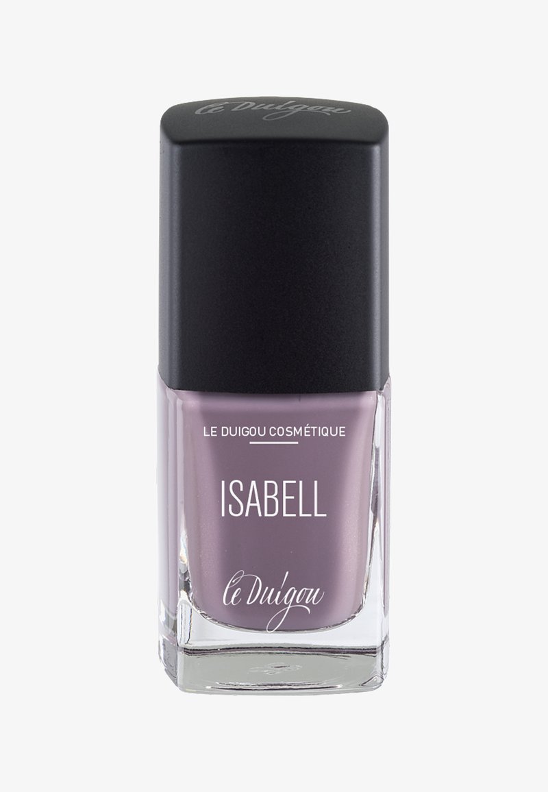 Lila Nagellack in einer klaren Glasflasche mit einem schwarzen quadratischen Deckel; beschriftet mit "ISABELL" und "LE DUIGOU COSMÉTIQUE." Glatte Textur.