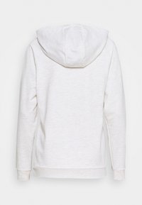 Hoodie gris clair en tissu doux et texturé. Caractéristiques d'une grande capuche arrondie et de longues manches avec des poignets côtelés. La vue de dos montre un design simple.