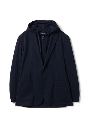 Dark navy blue blazer combined with a hooded zip-up sweatshirt, featuring two front pockets and a single button closure on the blazer.