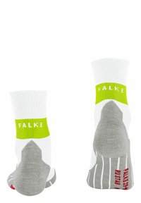 Weiße und graue Socken mit einem gerippten grünen Bund, der "FALKE" beschriftet ist. Sie verfügen über eine gepolsterte Ferse und ein gestreiftes Muster auf der Sohle.