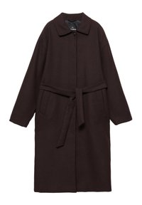 Brun uldfrakke med krave, frontlukning med knapper, to sidelommer og et matchende bælte til sikker lukning.