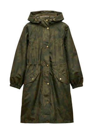 Olive green waterproof jacket with floral pattern, hood, elastic cuffs, and two front pockets with snap closures. Features gold hardware accents.