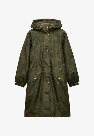 Olivengrüne wasserdichte Jacke mit floralem Muster, Kapuze, elastischen Bündchen und zwei Vorderseiten mit Druckknopfverschlüssen. Mit goldenen Hardware-Akzenten.