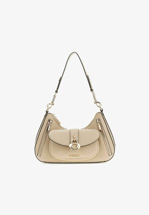 Sac bandoulière Guess en cuir beige avec poche à rabat avant, fermoir doré, deux poches verticales zippées et sangle réglable.