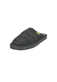 Black quilted slipper featuring a textured fabric upper, a cushioned insole, and a durable rubber outsole. Includes a yellow logo accent.