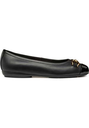 Black leather ballet flat with shiny black toe cap and gold horsebit detail on top, flat sole, side view on white background.