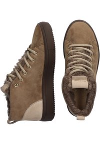 Tan suede high-top sneakers with a textured, fluffy lining, beige leather accents, and beige laces. Rubber outsole with a groove pattern.