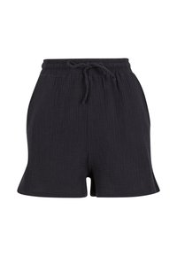 Shorts en tissu noir texturé avec taille élastique et cordon de serrage, coupe décontractée et poches latérales.