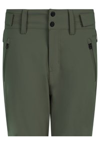 Olive green trousers with zippered side pockets, double button closure, belt loops, and adjustable hook-and-loop waist tabs.