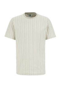 Rövid ujjú t-shirt világos bézs színben, függőleges világosszürke csíkokkal, kerek nyakkal, puha tapintással és diszkrét varrási részletekkel.