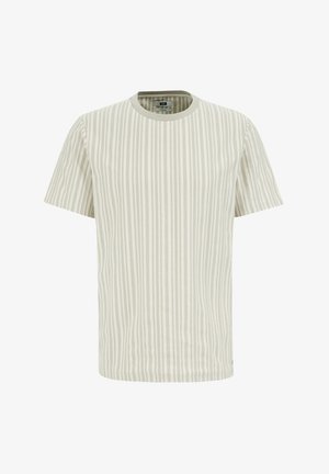 Rövid ujjú t-shirt világos bézs színben, függőleges világosszürke csíkokkal, kerek nyakkal, puha tapintással és diszkrét varrási részletekkel.