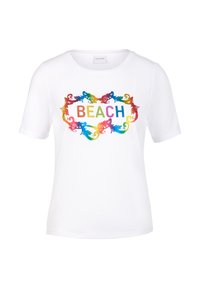 White short-sleeve t-shirt featuring a colorful, decorative "BEACH" text surrounded by an intricate floral design.